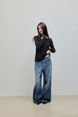 Wide Button Denim Pants