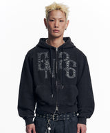 Washed Leather Patch Hooded Zip-Up - Black