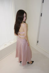 pink silk dot backless skirt two-piece