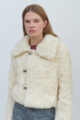 HOOK CLOSING UNBALANCE COLLAR FUR SHORT JACKET - IVORY