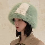 VA Square Longlabel Twotone Eco Fur Bucket Hat / Green