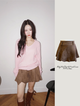 suede unbalanced brown mini skirt