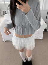 Ethereal Soft Edge Frill Ribbon Strap Long Sleeve Knit Cardigan (3 Colors)