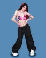 pink stone black denim pants