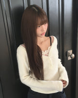 ボリフリースボタンVネックロングスリーブTシャツ