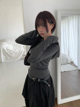 リズムダイアゴナルアンバランスボタンフード長袖Tシャツ