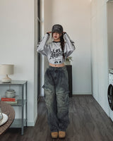 Copper Rivet Pin Tuck Cargo Denim Pants