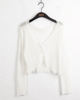 Lunan frill lace ribbed wave see-through one button long sleeve cardigan