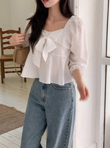 #Fairy Ribbon Puff Long Sleeve Blouse (4color)