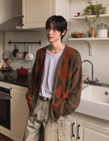 Harvers Argyle Color Matching Knit Cardigan