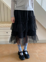 Juril Mesh Frill Tiered Elastic Midi Skirt