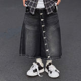 wrap button half denim pants