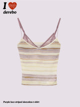 Purple Lace Stripe Sleeveless T-shirt 2