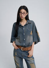 Sia damage washed denim short-sleeved shirt