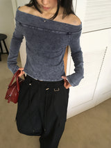 Tinted denim washed unbalanced off-shoulder t-shirt