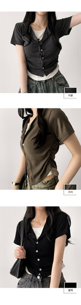 Dinfu Side Shirring Layered Cardigan Short-Sleeved T-Shirt
