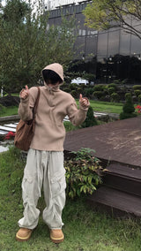 リブフードハードジップアップニット