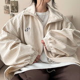 Baggle Oversized Corduroy Embroidery High-Neck Zip-Up