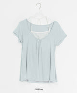 Hiwaku Flower Sleeveless Layered Shirring Short Sleeve Tee