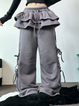 FLEECE PICKABLE❤RIBBON CANCAN BOOTSCUT WIDE 2 STYTLE PANTS🖤🩶🤎💛5COLOR