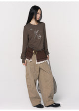 CONFUN Lantern Sleeve Sequin Embroidered Pleated Round Neck Top