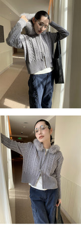Warm Fur Hooded Zip-Up Knit Cardigan