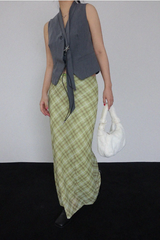MELON CHECK RIBBON LONG SKIRT