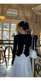 Back White Bow Long Sleeve Knit T-shirt