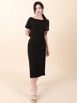 オフショルダースリットロングワンピース Black