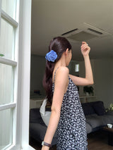 Slit shirring flower long sleeveless dress