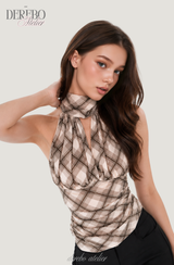 Shphone check holder neck mint-sleeved blouse Top 
