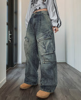 Copper Rivet Pin Tuck Cargo Denim Pants