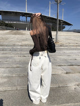 Denk Shirring Eyelet Crop Lip Neck T-shirt
