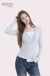 グレー Vストライプ ラップ ロングスリーブ Tシャツ