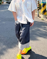 DENIM X SWEAT LAYERED ROLL UP SHORTS