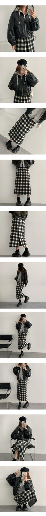 Carball Back Slit Checkered Banding Long Skirt