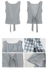 Blue Check Backless Ribbon Sleeveless Tee