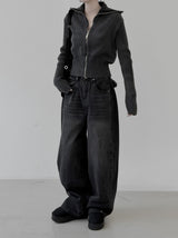 Hard high-neck washed knit zip-up