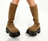 6CM PLATFORM SUEDE Y2K ROUND-TOE STRETCH CRAB-LEG ボディーシェーピングブーツ - 2 COLOR