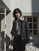 [premium] Frame Raccoon Collar Leather Jacket