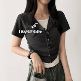 Dinfu Side Shirring Layered Cardigan Short-Sleeved T-Shirt
