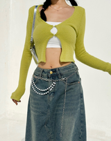 ANGORA TERRY CLOTH TWO-BUTTON LONG-SLEEVE CROPPED VIVID CARDIGAN KNIT - 2 COLOR