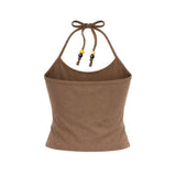Beads Pigment Halter Neck Sleeveless Brown