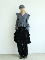 BUTTON CHECK FRILL BLOUSE(BLUE)
