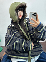 ストライプフリースワンサイドストリングアノラックニットスウェット 💙🩶🧡3COLOR