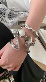 Metal line-silver stone bangle set