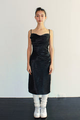 COWL NECK SHIRRING SATIN MIDI DRESS / BLACK