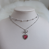 [IDLE Shuhua Necklace] ローズピンクハートプリンセスレイヤードネックレス - シルバーカラー