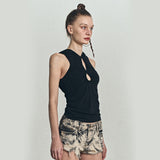 Hole Sleeveless Hoodie [Black]