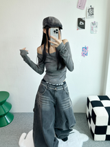 STUD SHIRRING TANK LAYERED SLIM LONG SLEEVE🤎🩶 - 2 COLORS